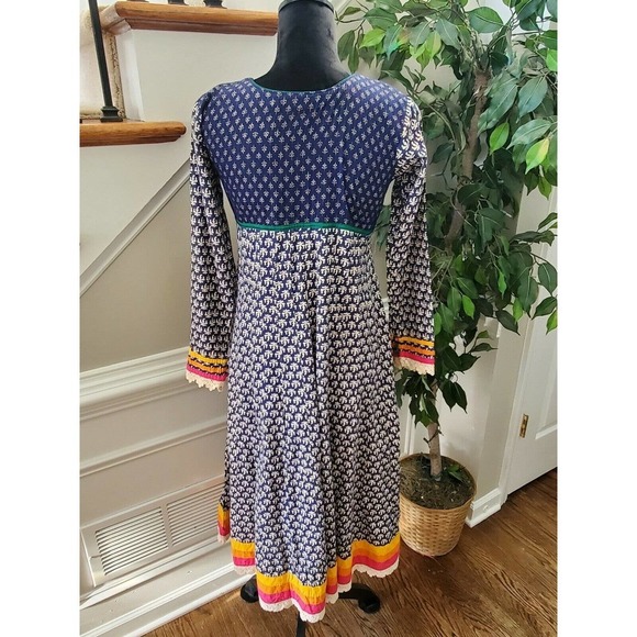 Indian Blue Floral Polyester V-Neck Long Sleeve Knee Length Dress Size Medium - Picture 9 of 11